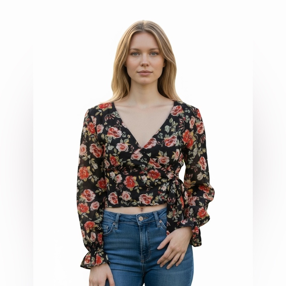 Women's Dynamite Black & Red Floral Long Sleeve Blouse Size L